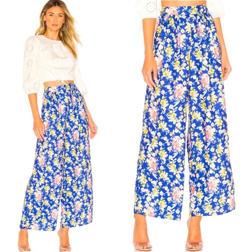 Tularosa Blue Floral Wide Leg Pants Small Beachy Resortwear Vacation Flowy